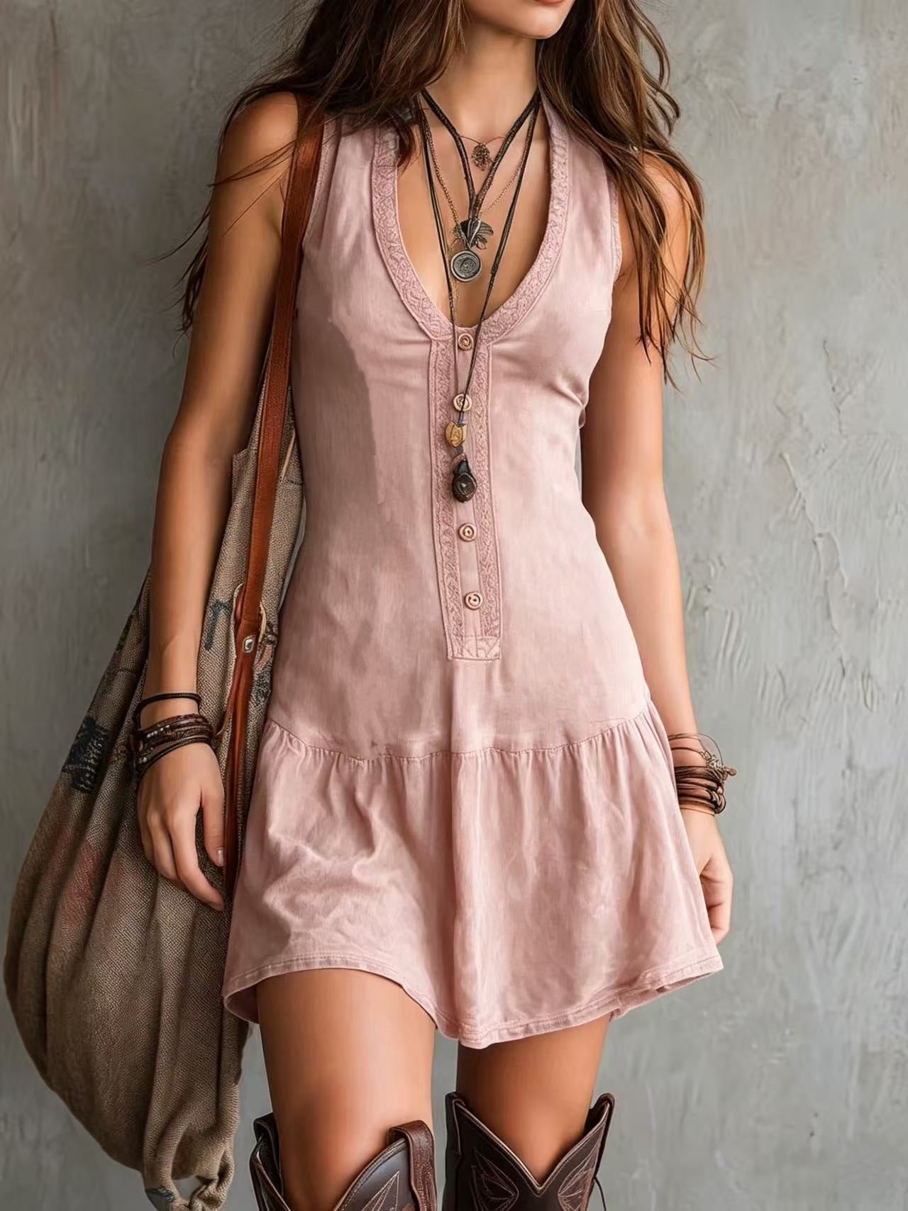 Boho-Kleid «Indigo» · Ärmellos mit Knopfleiste & Volant