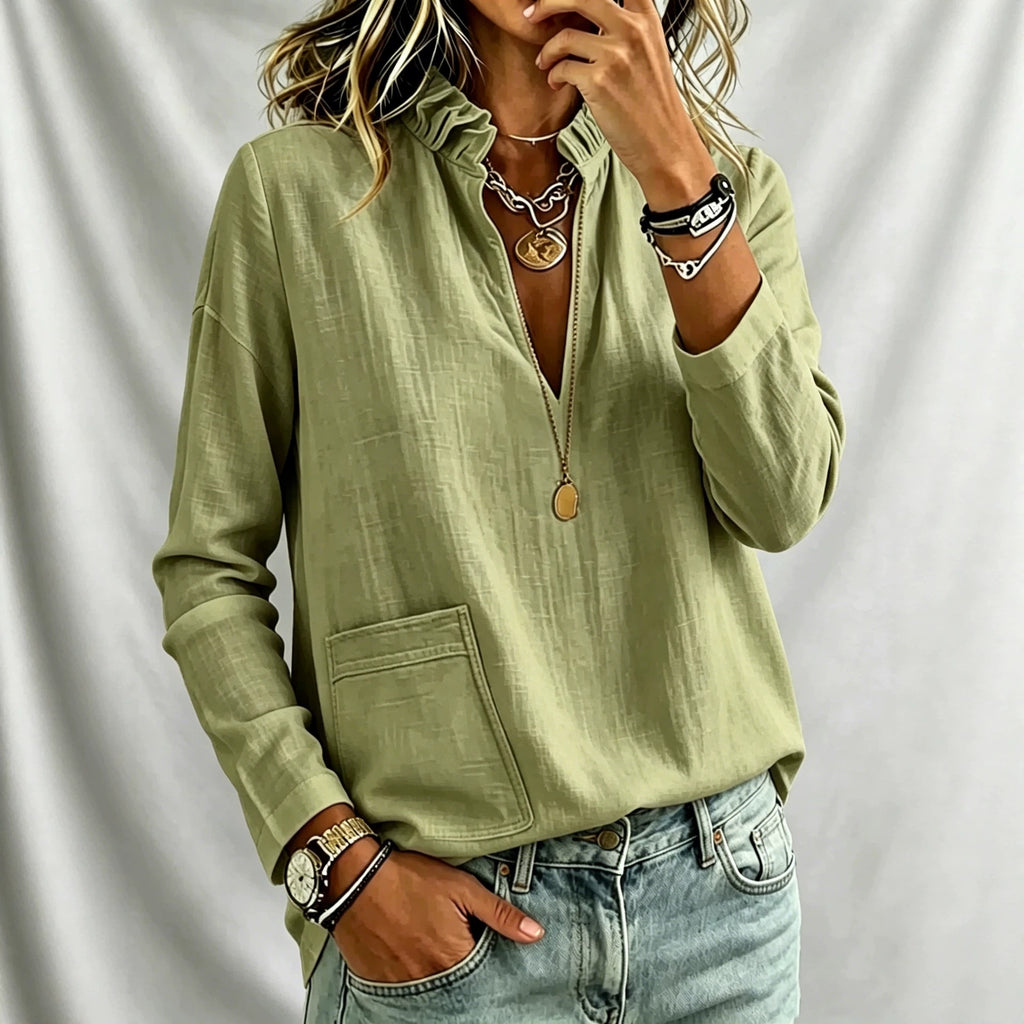 Stehkragen-Bluse mit langen Ärmeln und Taschen