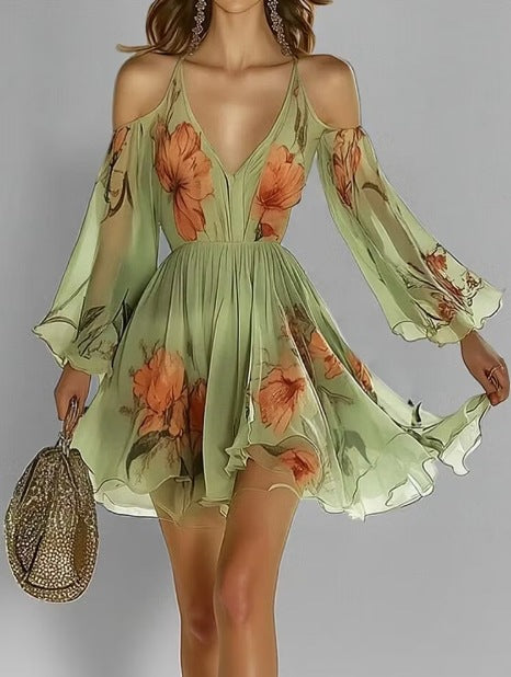 Off-Shoulder Chiffonkleid mit Blumenprint
