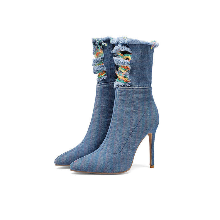 Wind Denim Mid-Calf Boots mit spitzer Zehe
