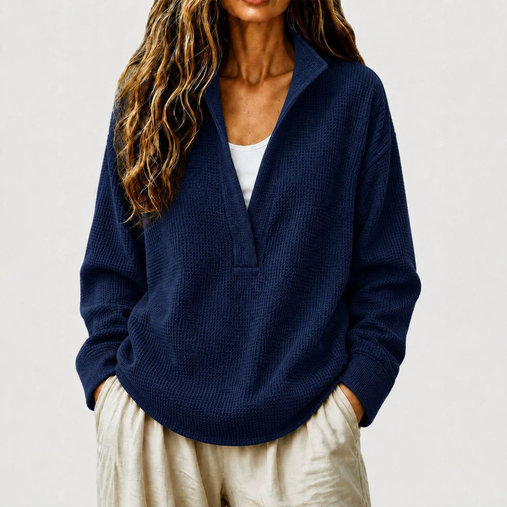 Waffelstrick V-Ausschnitt Langarm-Sweatshirt