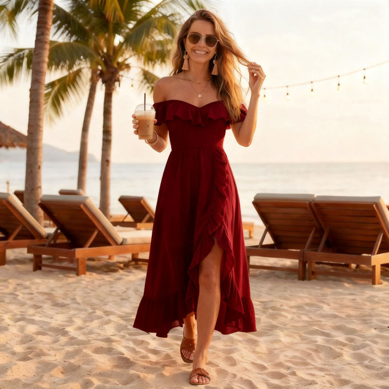 Ärmelloses Maxikleid mit V-Ausschnitt und Rüschen | LuxeStyle