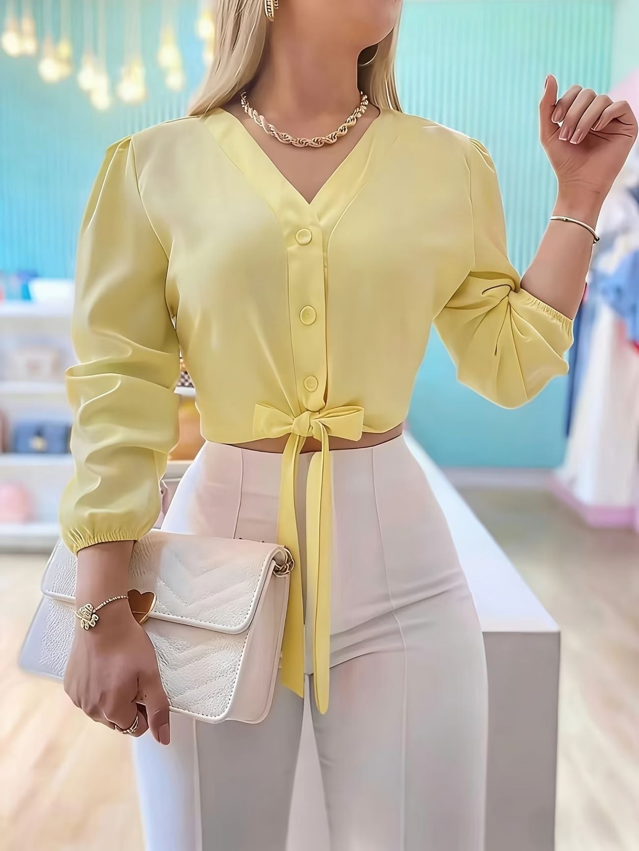 Kurze Bluse mit Puffärmeln und Schnürung – Ansicht 8