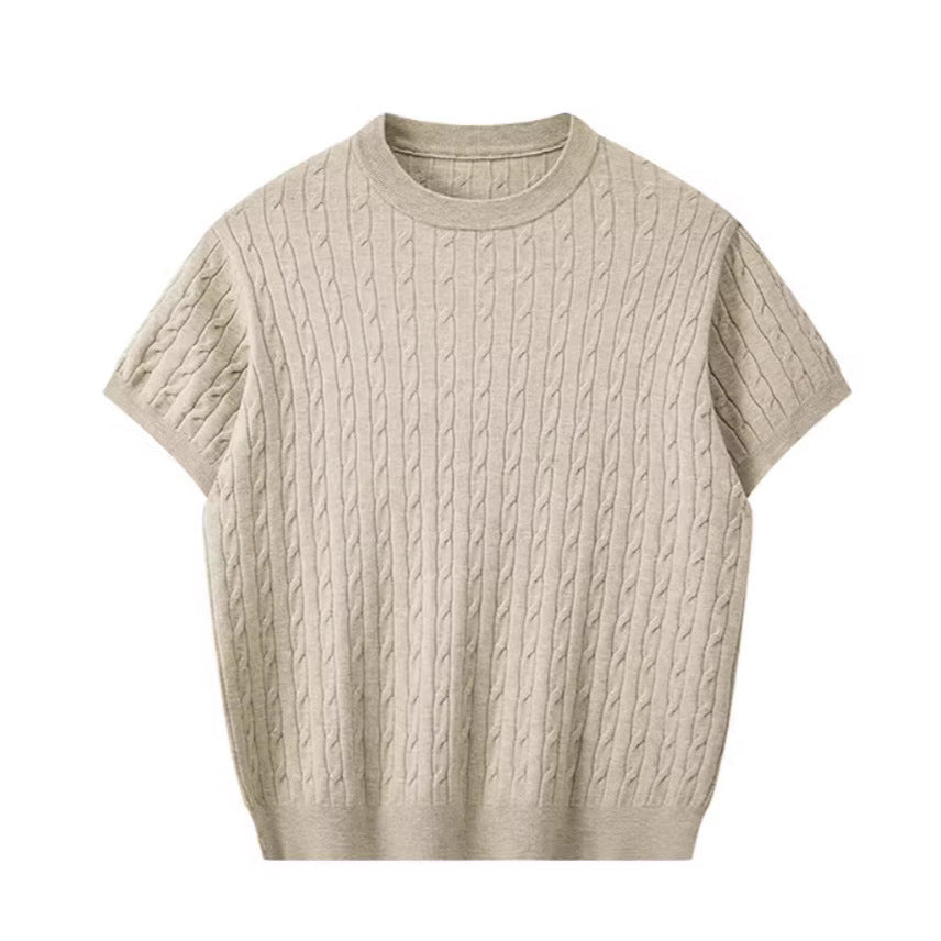 Gestrickter Rundhals-Pullover mit kurzen Ärmeln