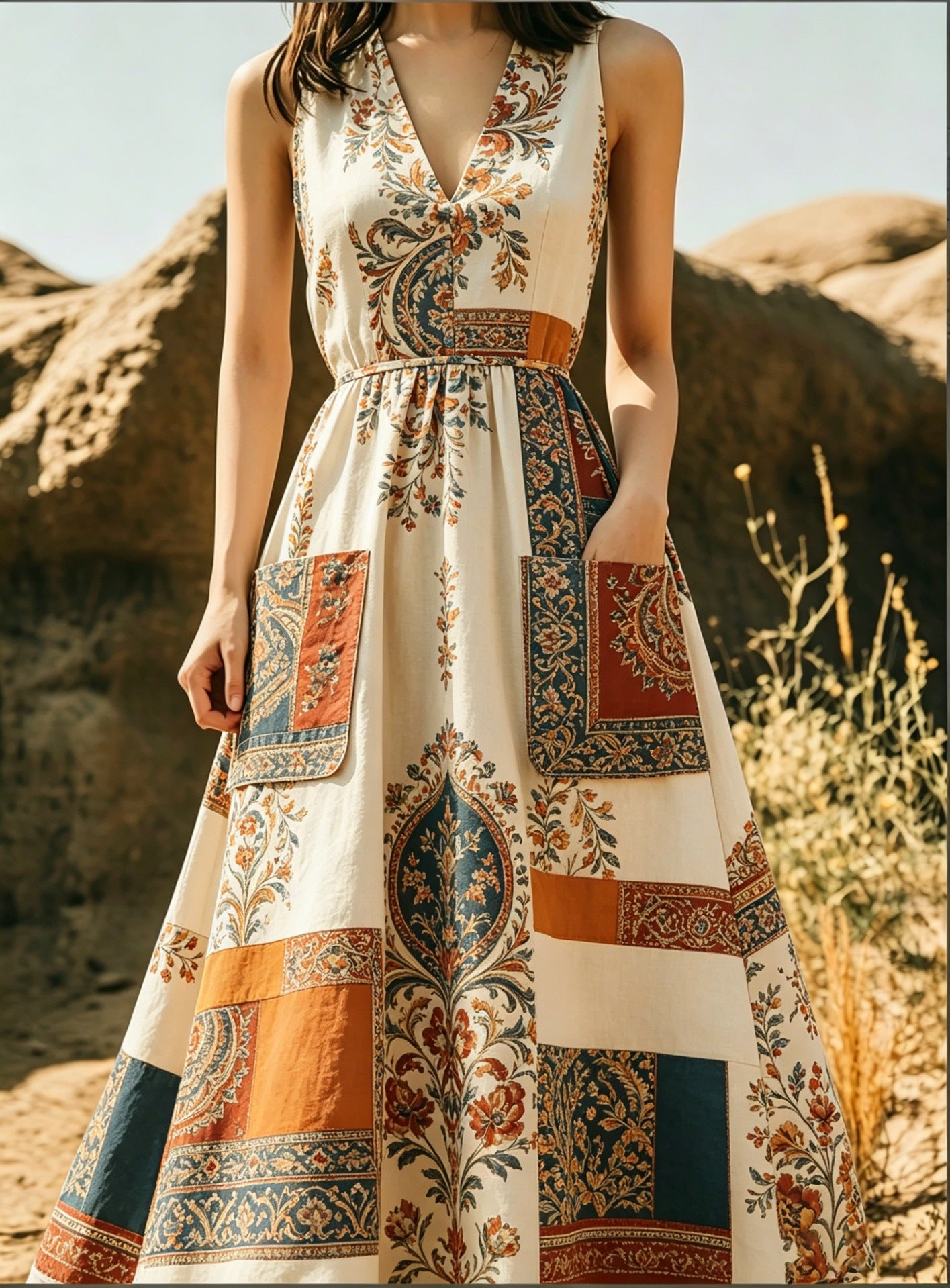 Figurbetontes A-Linien Maxikleid mit V-Ausschnitt