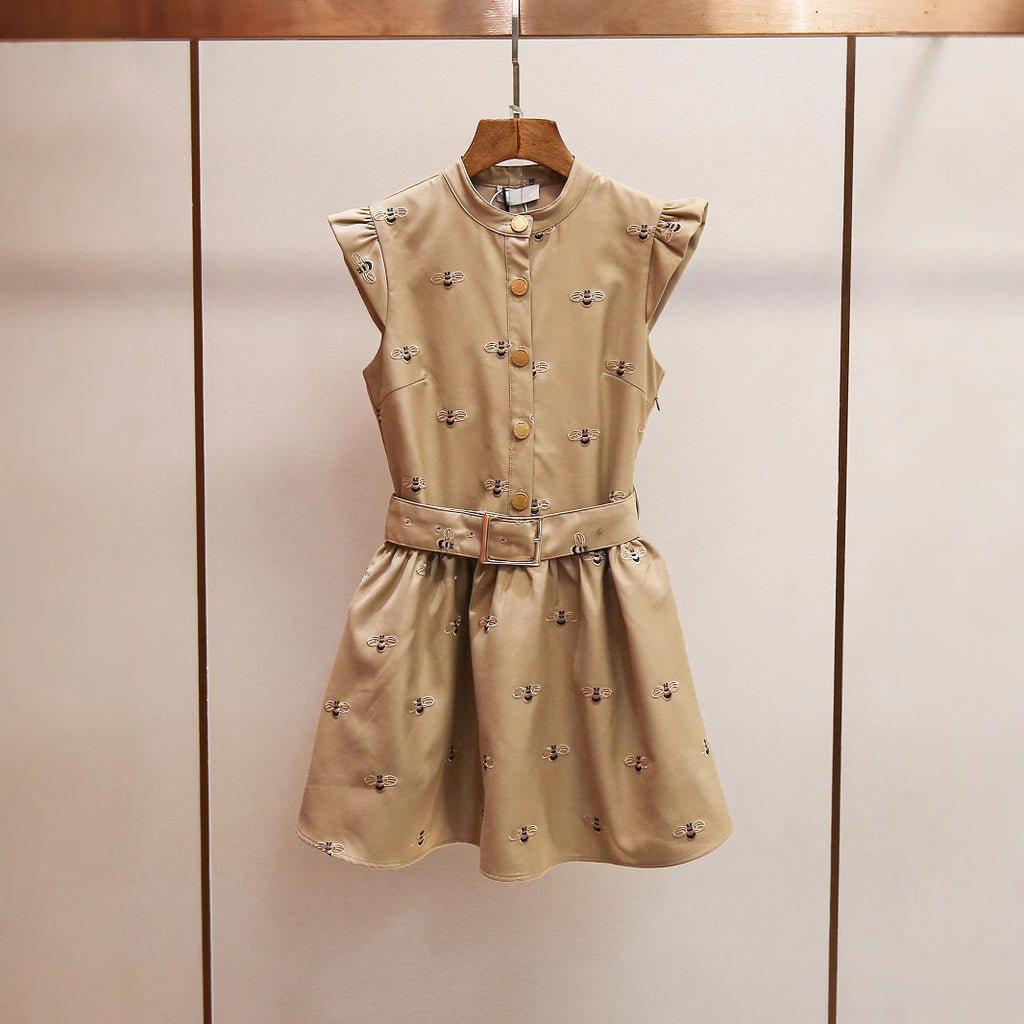 Französisches Chic Bienen-Stickerei Volant-Kleid
