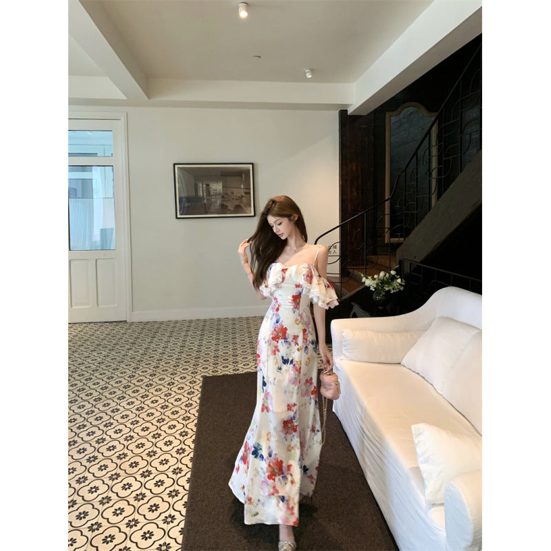Geblümtes Chiffon-Kleid mit Rüschen