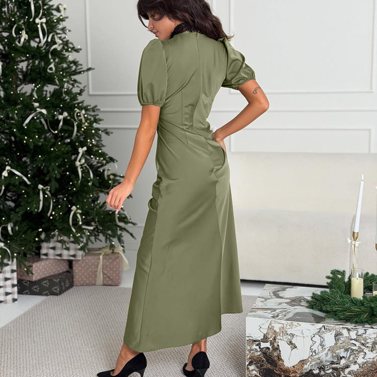 Rüschendekor V-Ausschnitt Volantsärmel Hohe Taille Kleid