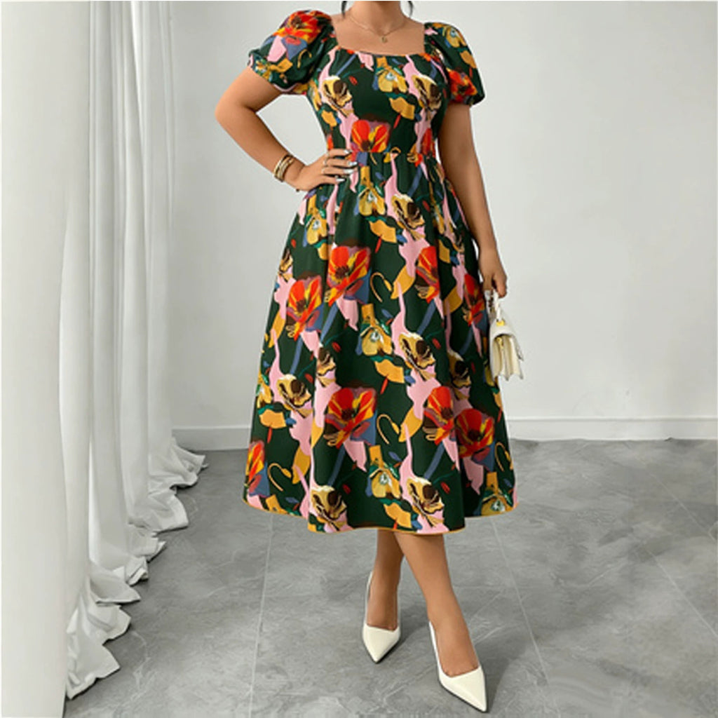 Midi-Kleid mit Blumenmuster und Viereck-Ausschnitt