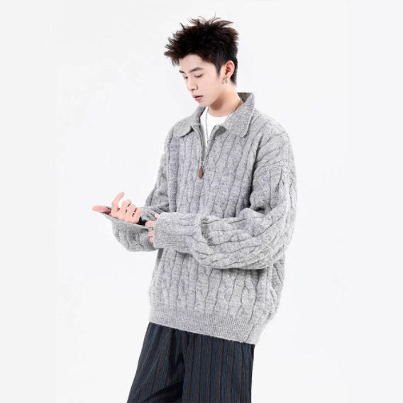 Retro Half-Zip Pullover mit Fischgratmuster