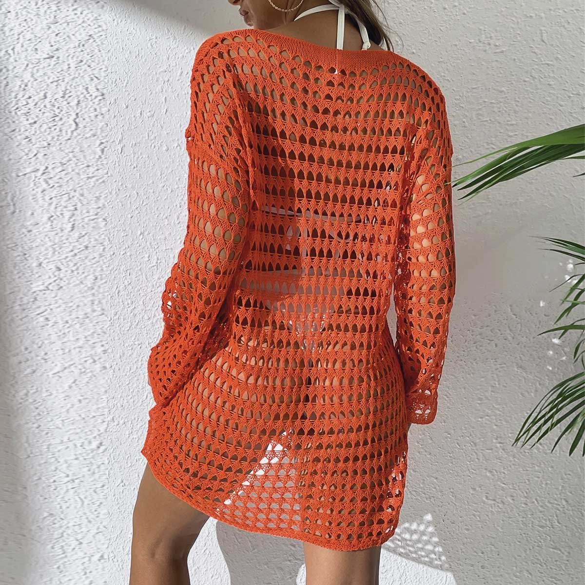 Strandkleid Langarm Strick Hollow Out