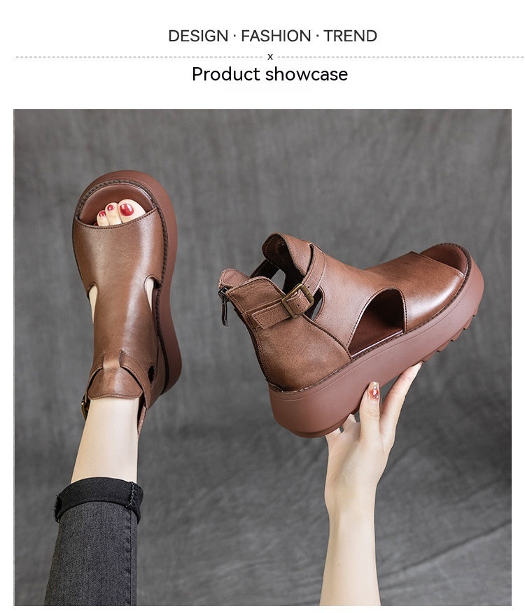 Retro-Sandalen aus Rindsleder mit Peep Toe | LuxeStyle