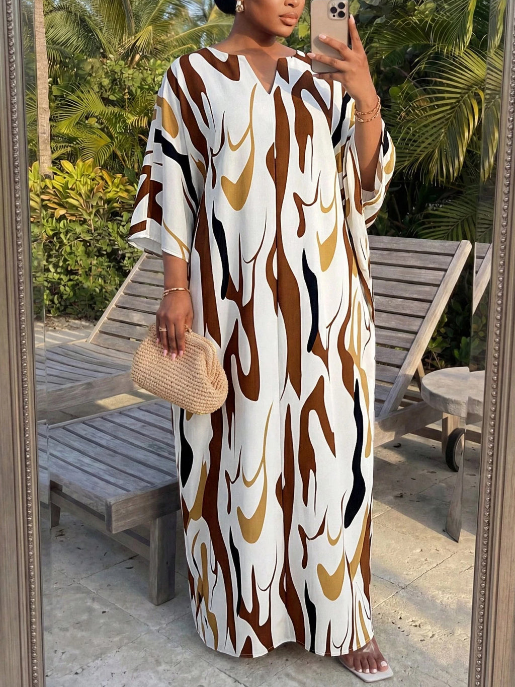 Elegantes V-Ausschnitt A-Linien Kleid mit Print
