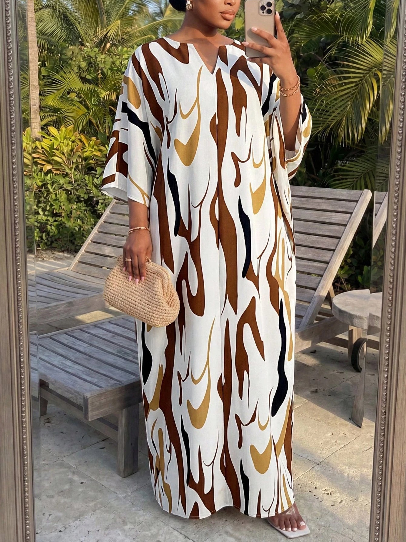 Elegantes V-Ausschnitt A-Linien Kleid mit Print
