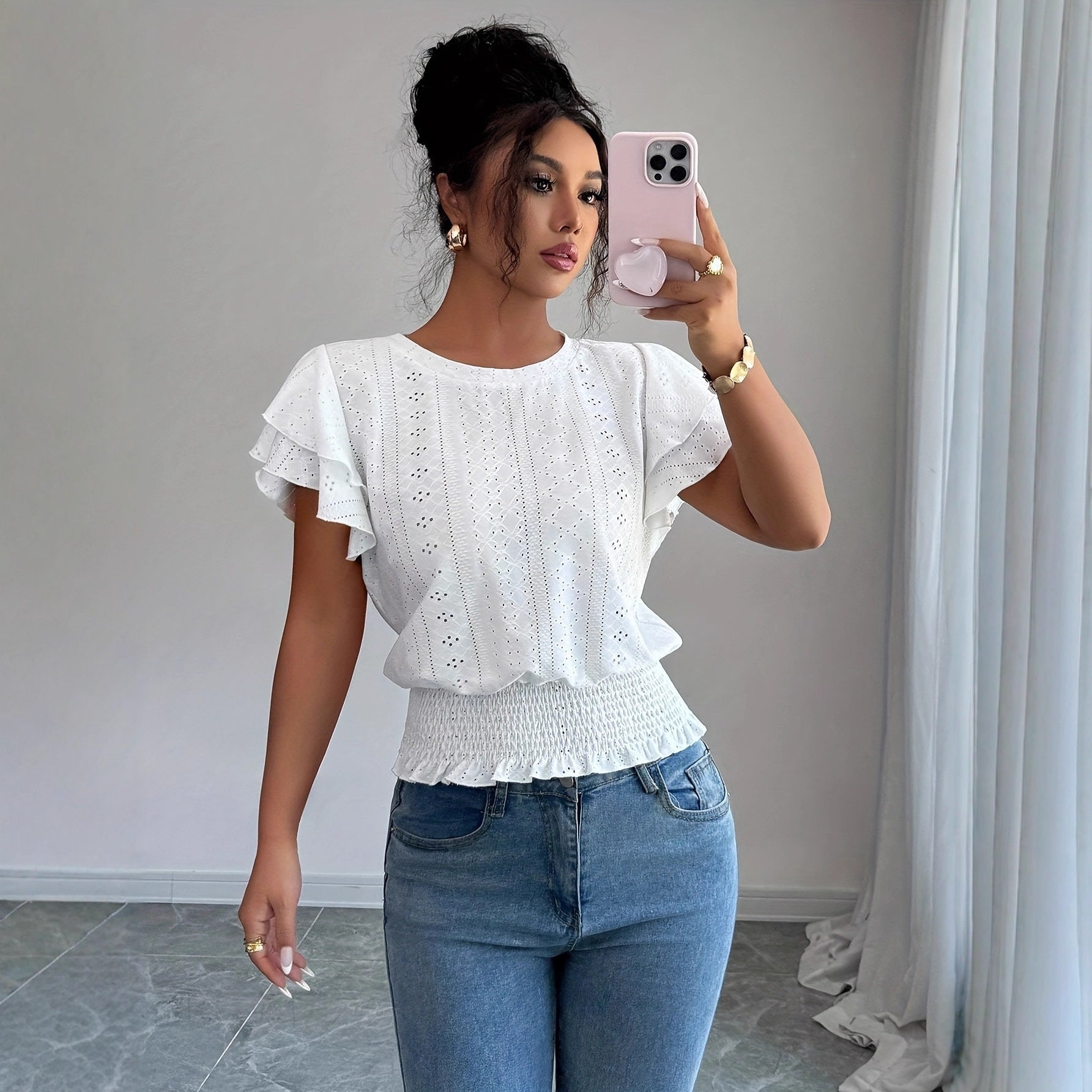 Damen Top mit Rundhals und Raffärmeln
