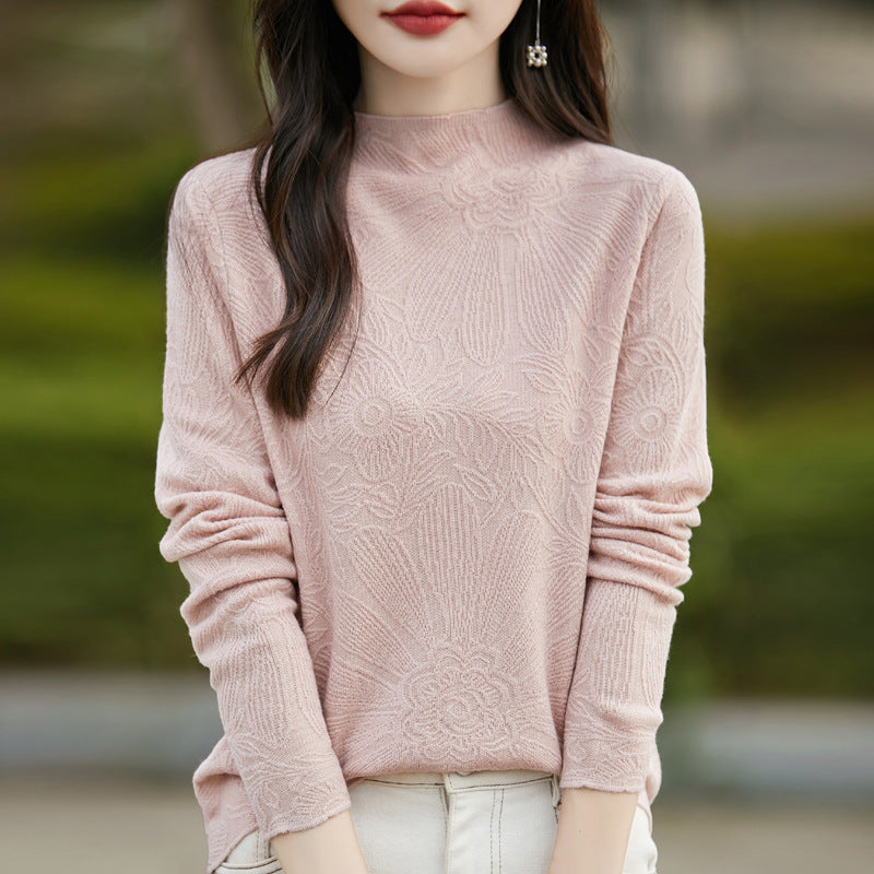 Feingestricktes Langarmshirt aus Wolle mit Stehkragen