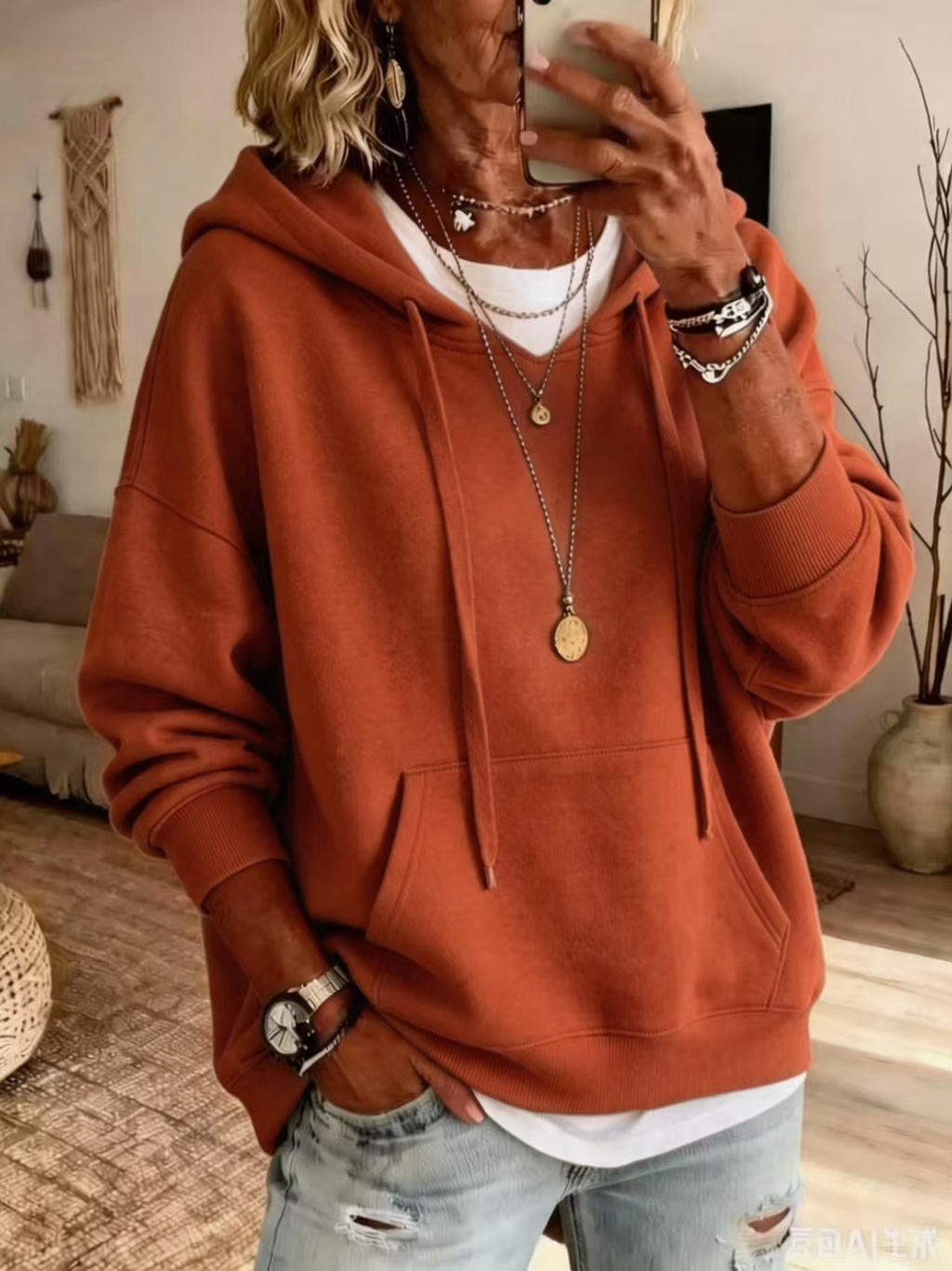 Damen Hoodie Bequem mit Taschen und Langarm