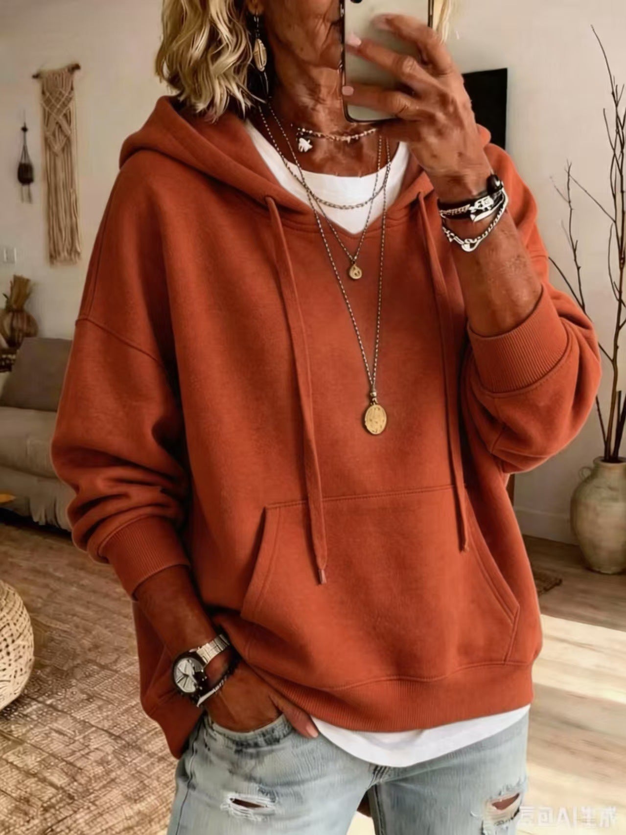 Damen Hoodie Bequem mit Taschen und Langarm