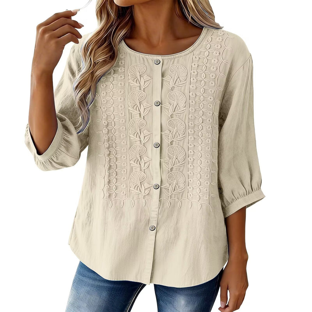 Besticktes V-Neck Shirt aus Baumwoll-Leinen