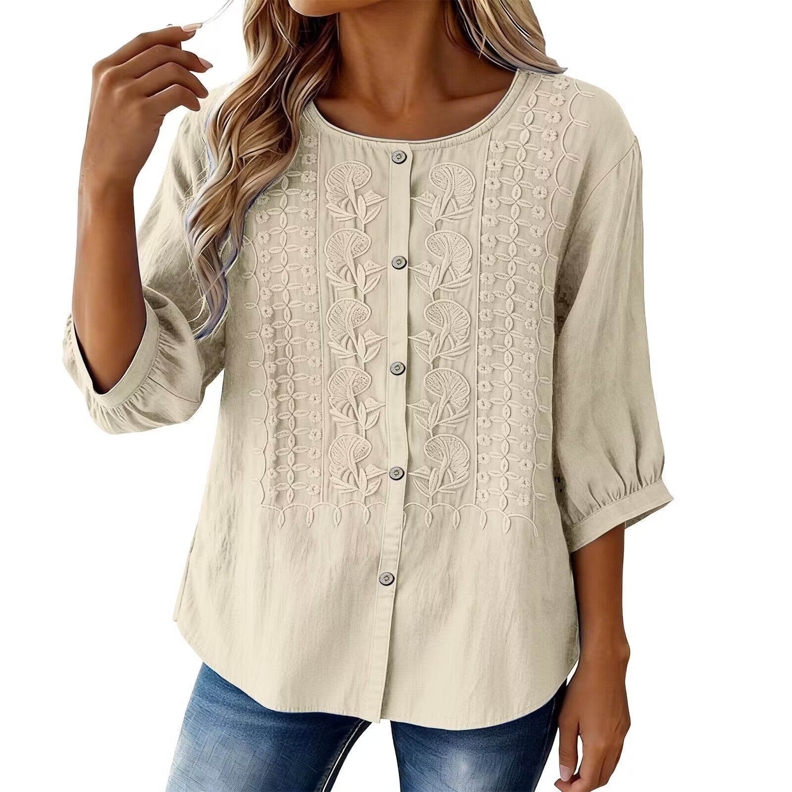Besticktes V-Neck Shirt aus Baumwoll-Leinen