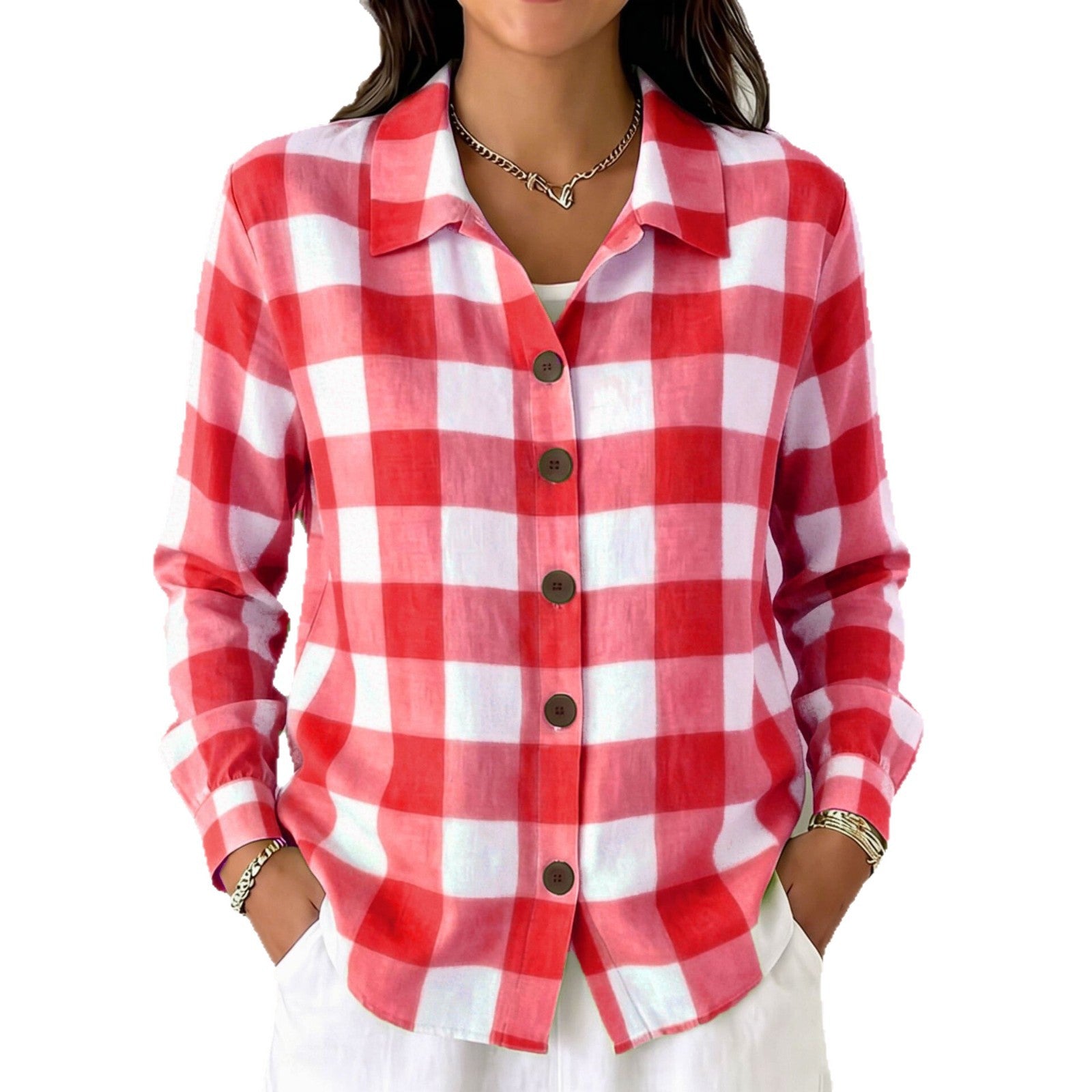 Bequeme Damen Langarm-Plaid-Shirt mit Knöpfen