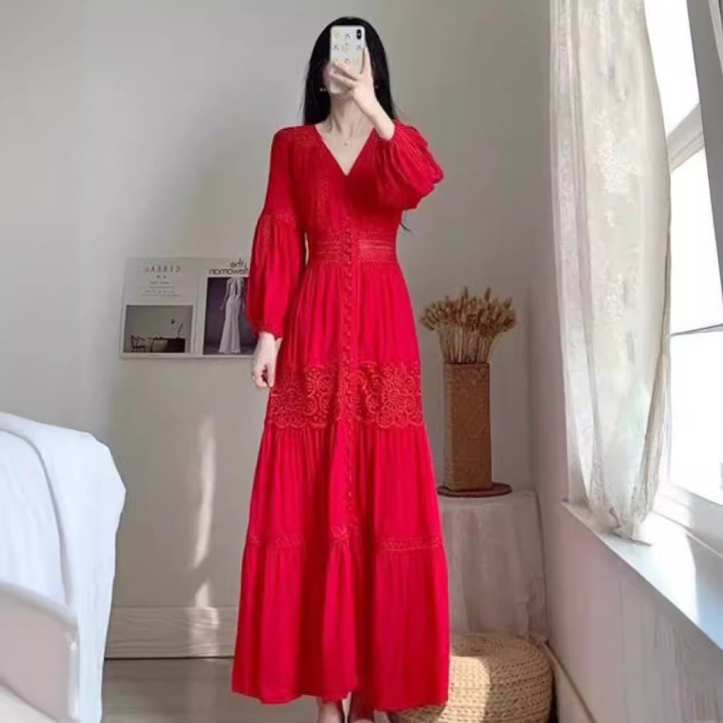 Elegantes V-Neck Maxikleid mit Spitze – Bild 3 | LuxeStyle