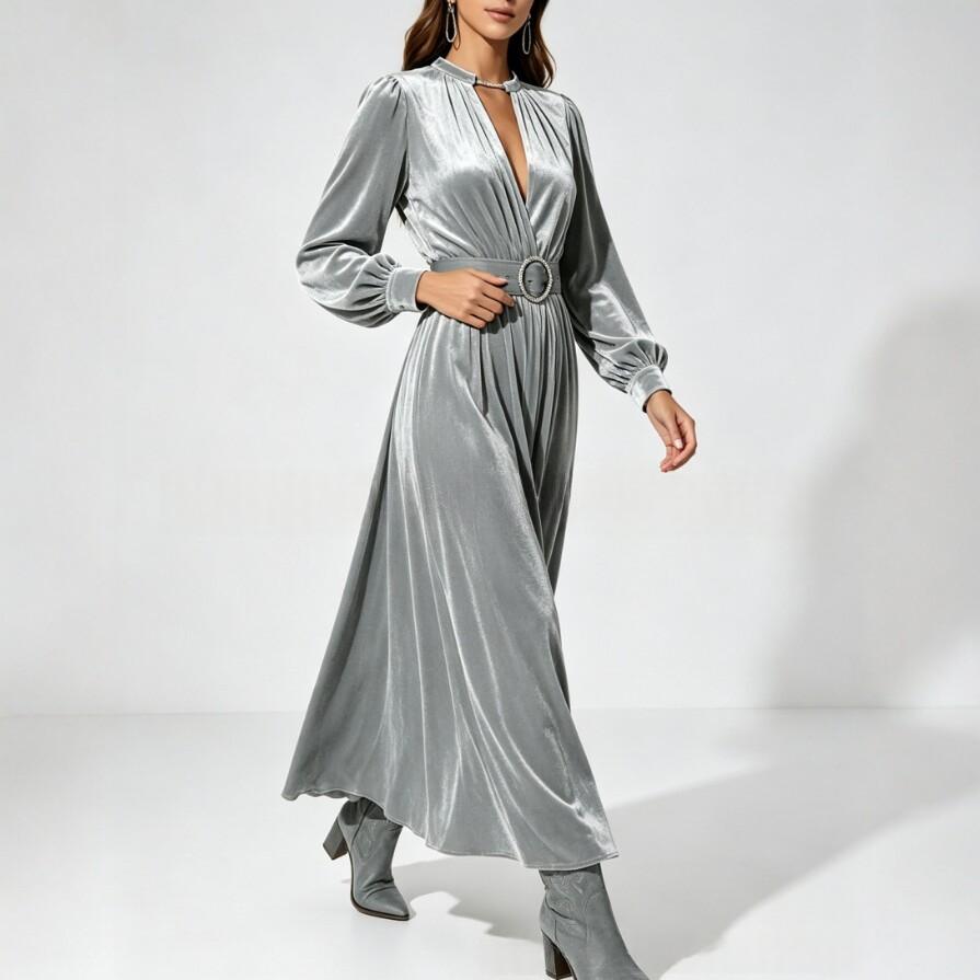 Velvet-Kleid mit V-Ausschnitt und Taillenbetonung