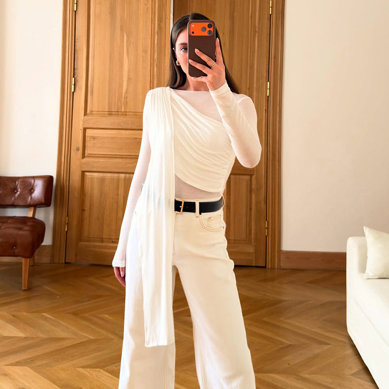 Off-Shoulder Mesh Langarmshirt