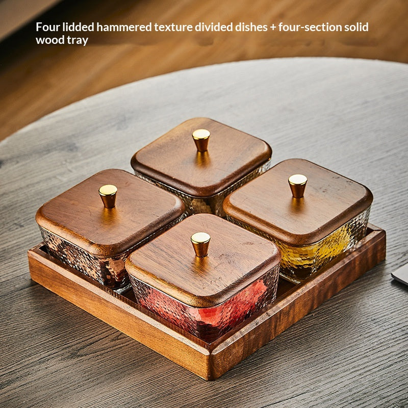 Glas-Servierplatte mit Holztablett
