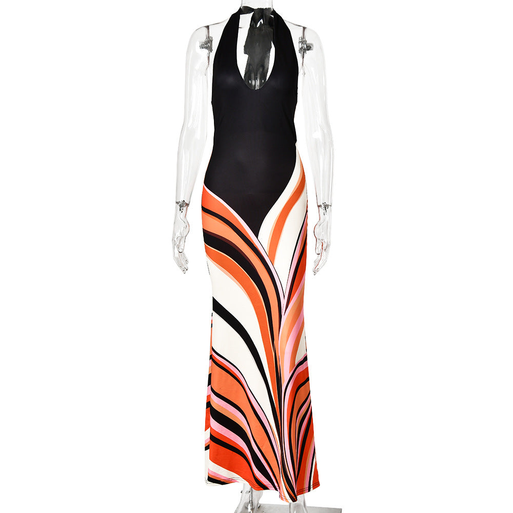 Figurbetontes Neckholder Maxikleid mit Farbblock