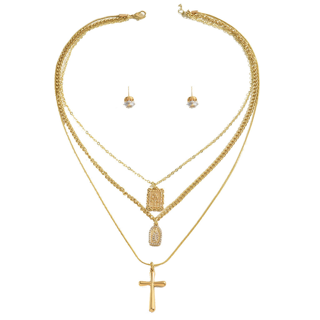 Kreuz-Mehrschicht Halskette & Ohrschmuck