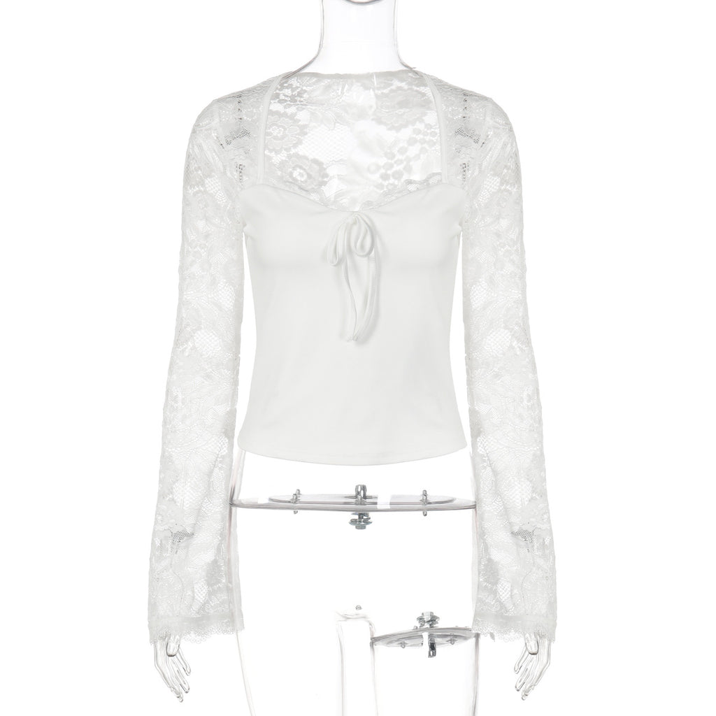 Spitzenbesetztes Langarmshirt mit Schnürung – Bild 1 | LuxeStyle