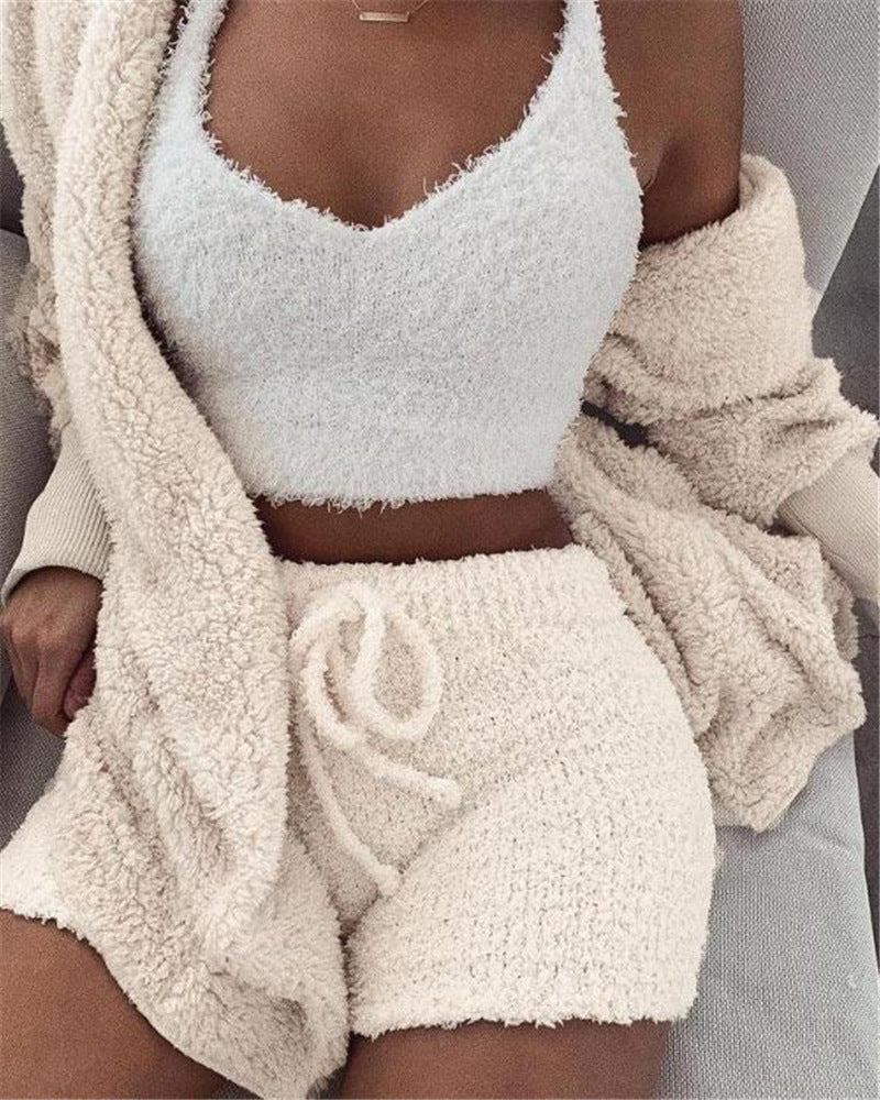 3er-Set Damen-Pyjama mit Langarm-Crop-Top und Bindebund-Shorts