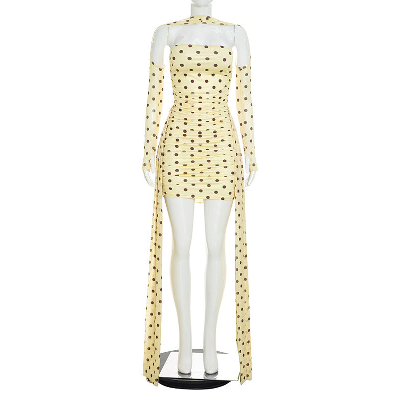 Polka-Dot Halterneck-Kleid mit fliessenden Bändern