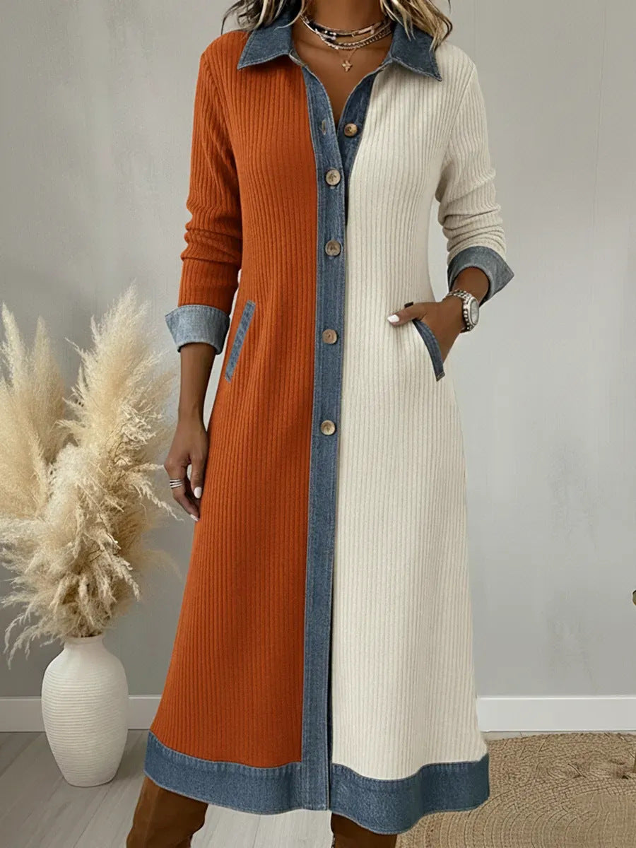 Color-Block Denim-Cardigan Maxikleid