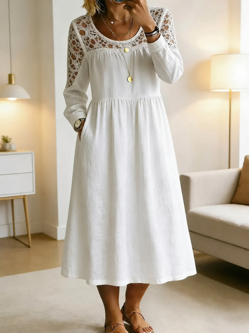 Besticktes A-Linien Midikleid aus Leinenmix – Bild 8 | LuxeStyle