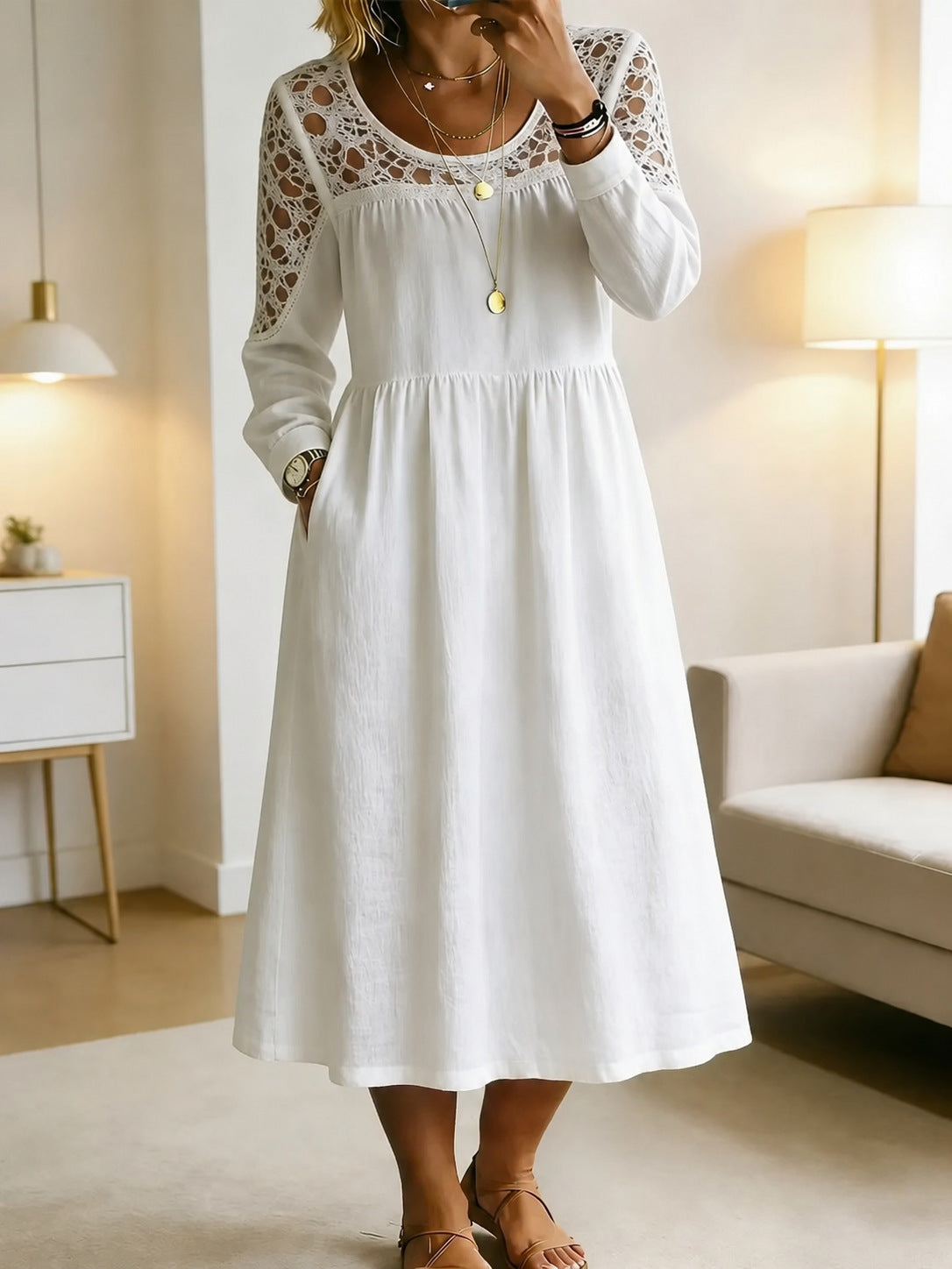 Besticktes A-Linien Midikleid aus Leinenmix – Bild 8 | LuxeStyle