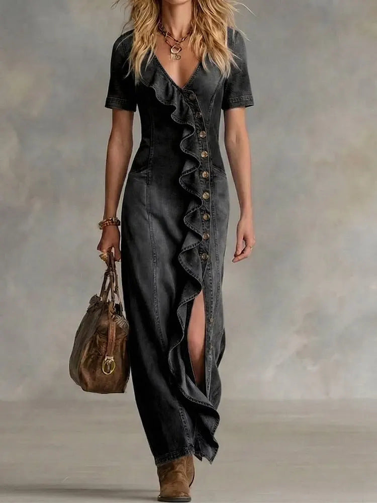 Retro Denim V-Ausschnitt Rüschenkleid – Bild 6 | LuxeStyle