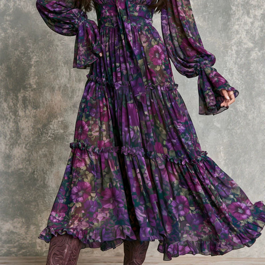 Blumenmuster-Kleid mit Rundhals und Bindedeta – Bild 4 | LuxeStyle