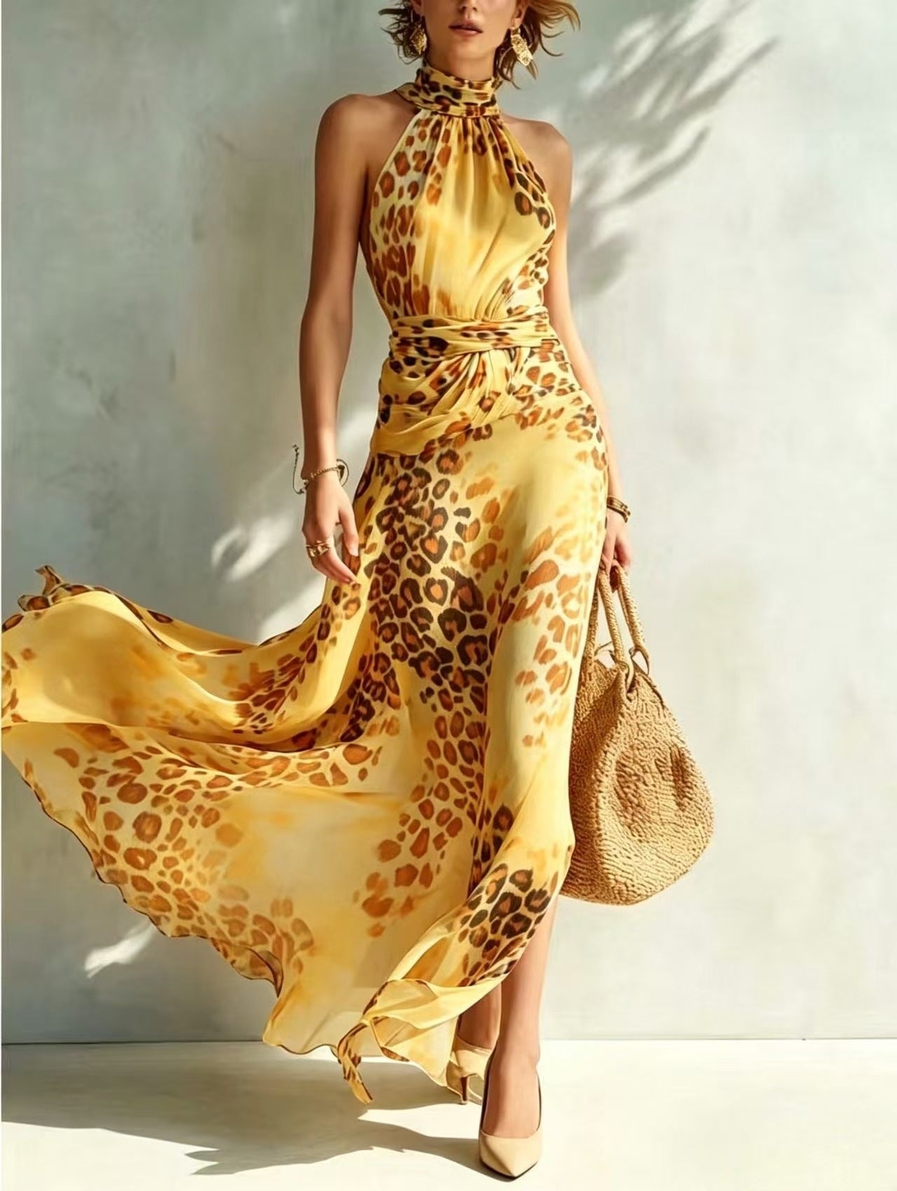 Ärmelloses Halterneck-Leopardenkleid