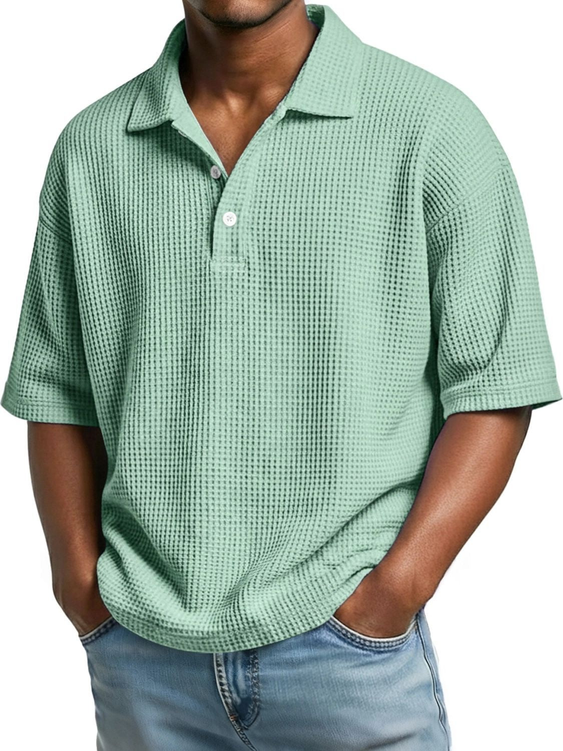 Polo-Shirt Waffelmuster Kurzarm mit Knopfkragen – Bild 5 | LuxeStyle