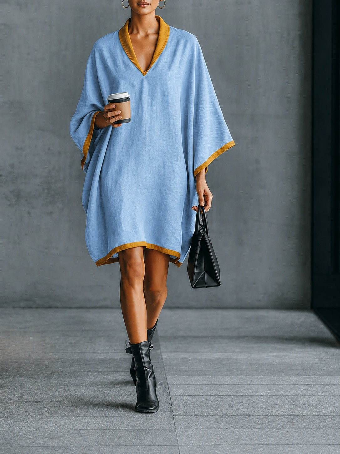 Leinen-Mix V-Ausschnitt Kleid mit Fledermausärmeln – Bild 3 | LuxeStyle