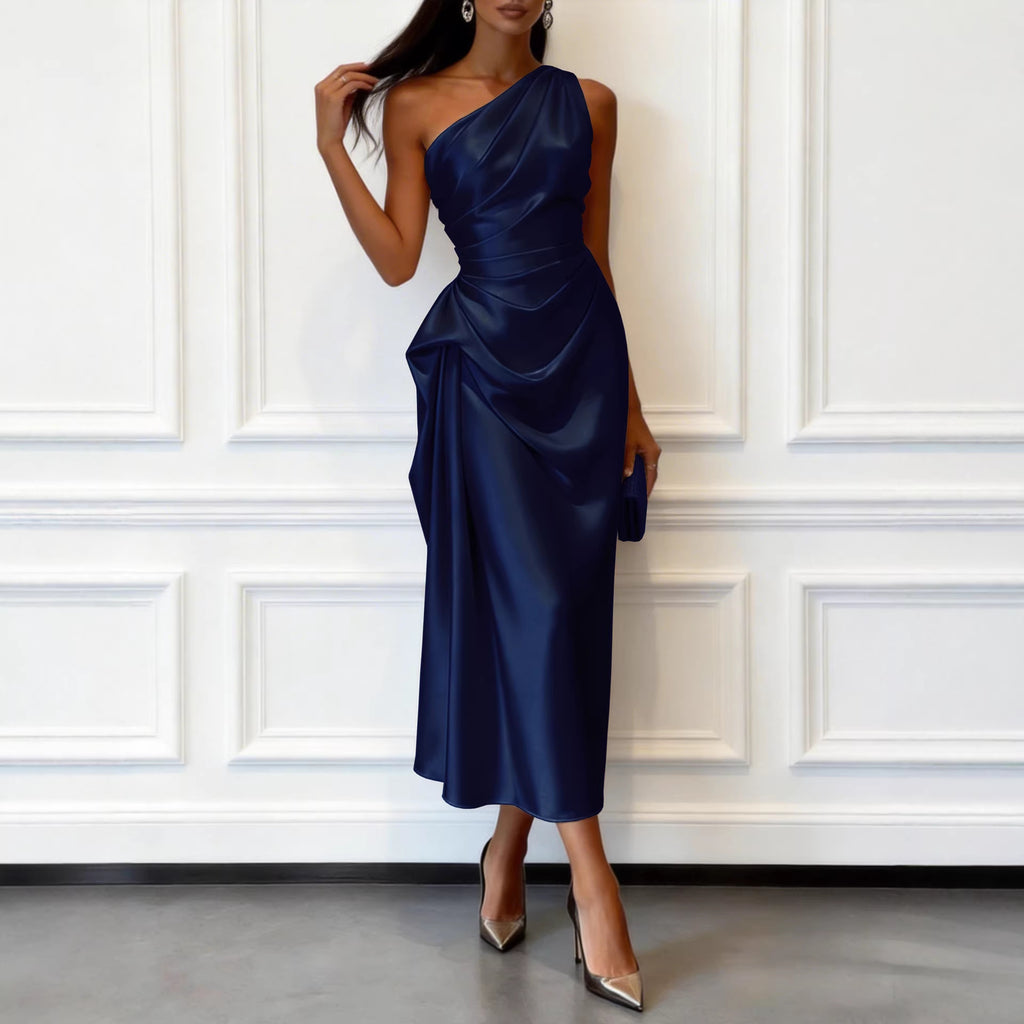 Satin Off-Shoulder Midikleid mit hoher Taille – Bild 10 | LuxeStyle