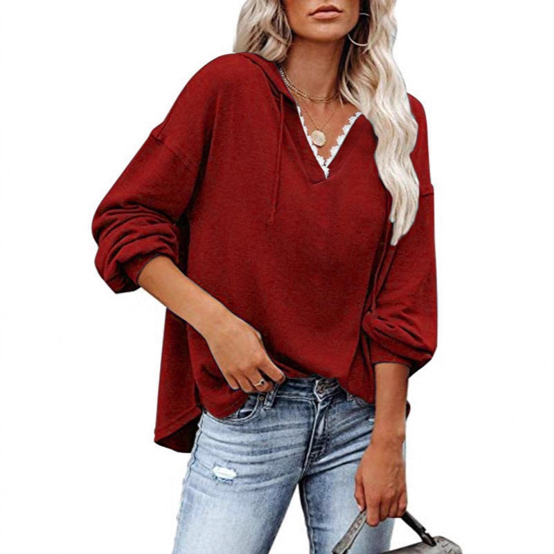 Kapuzen-Sweatshirt mit V-Ausschnitt und Spitze