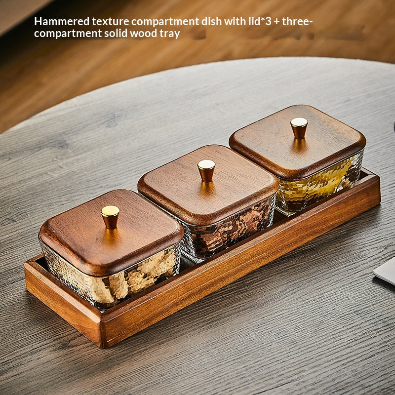 Glas-Servierplatte mit Holztablett