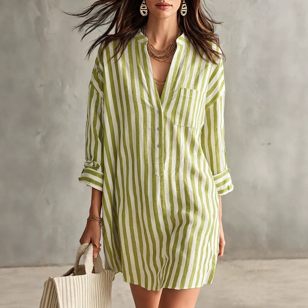Gestreiftes Midi-Hemdblusenkleid mit V-Ausschnitt – Bild 4 | LuxeStyle