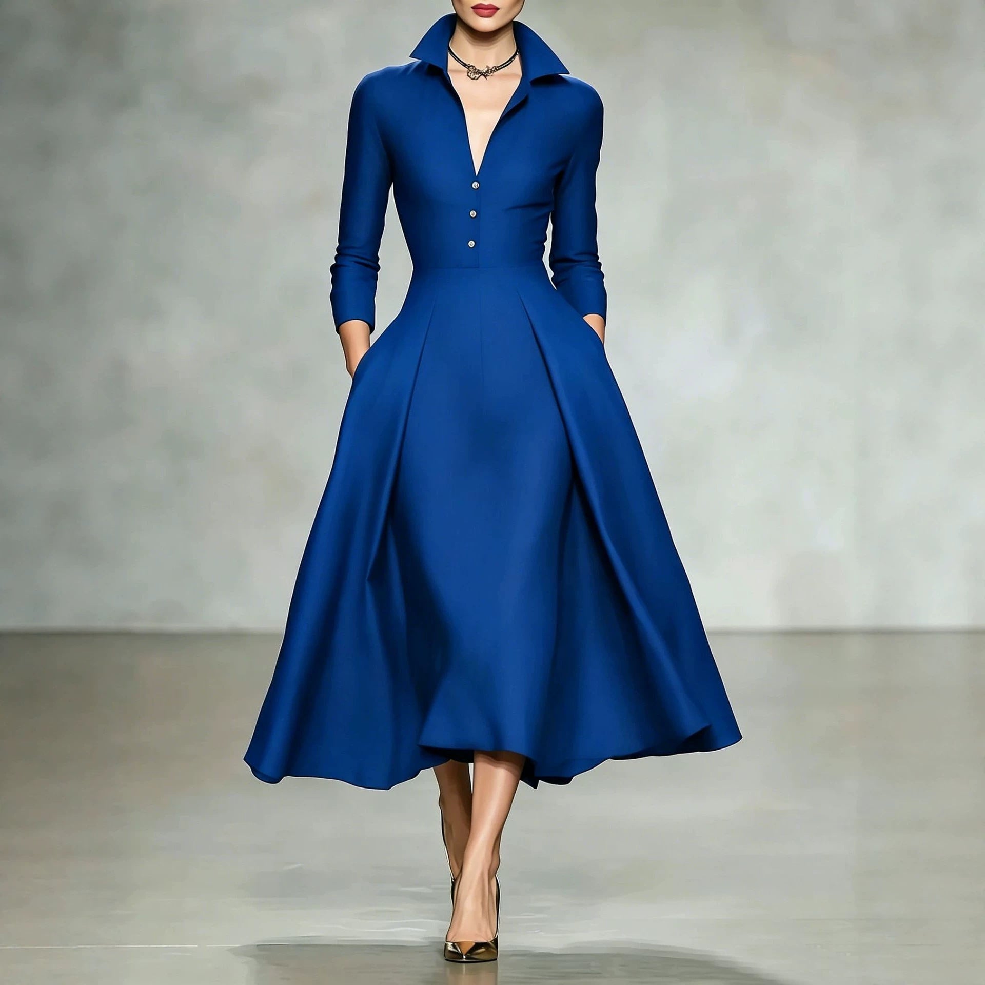 Tailliertes Langarm-Midikleid mit V-Ausschnitt