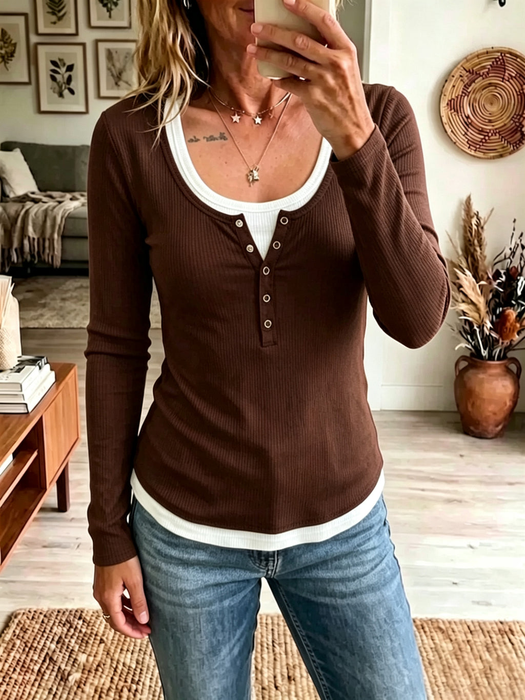 Damen Color-Block Langarm-Shirt mit Slim Fit – 2-Tonig