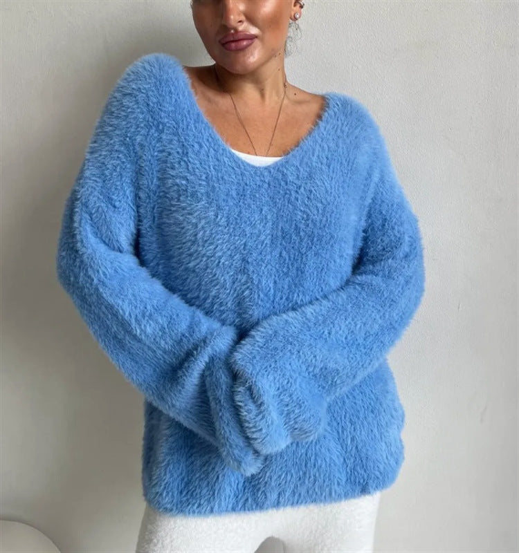 V-Neck Strickpullover aus Faux-Mink Samt