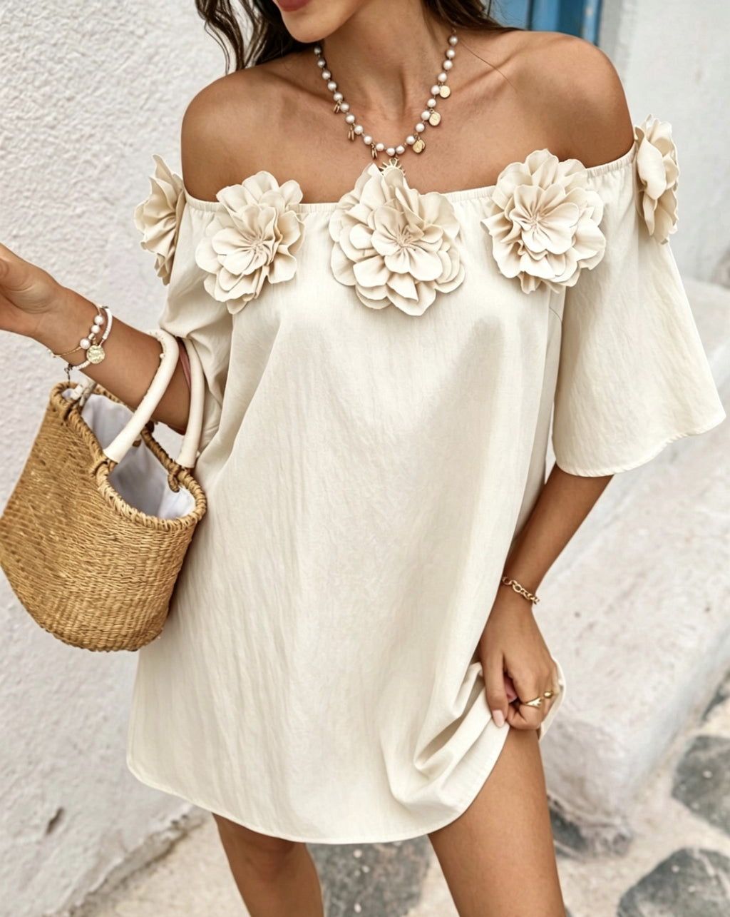 Blumenkleid schulterfrei mit 3/4-Ärmeln | LuxeStyle